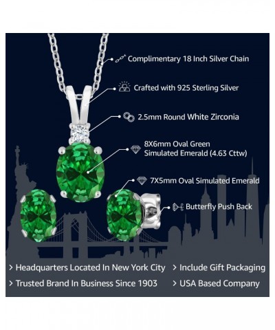 925 Sterling Silver Green Simulated Emerald Pendant and Earrings Jewelry Set For Women (4.63 Cttw, with 18 Inch Silver Chain)...