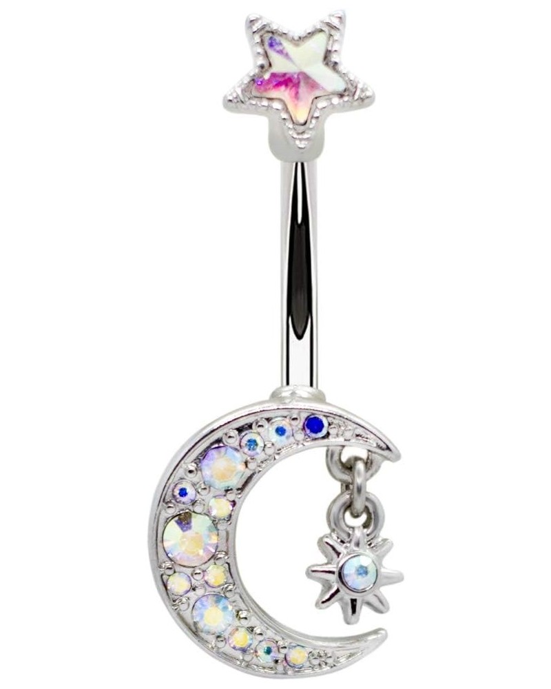 14G 7/16" Crystal Moon Pendant Belly Button Rings with Hanging Star Barbell Body Piercing Jewelry Women Silver $10.44 Body Je...