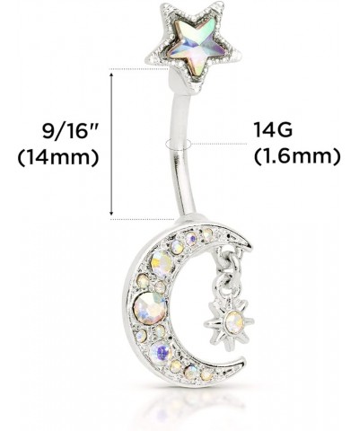 14G 7/16" Crystal Moon Pendant Belly Button Rings with Hanging Star Barbell Body Piercing Jewelry Women Silver $10.44 Body Je...