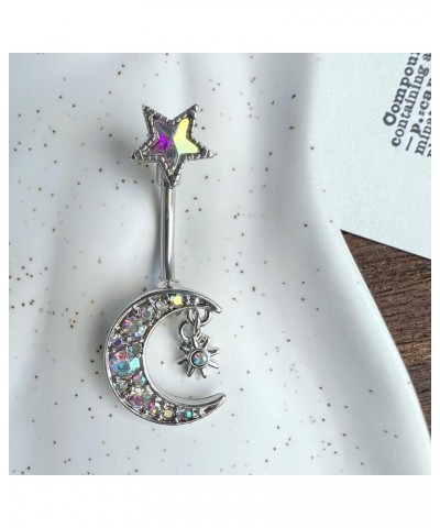 14G 7/16" Crystal Moon Pendant Belly Button Rings with Hanging Star Barbell Body Piercing Jewelry Women Silver $10.44 Body Je...