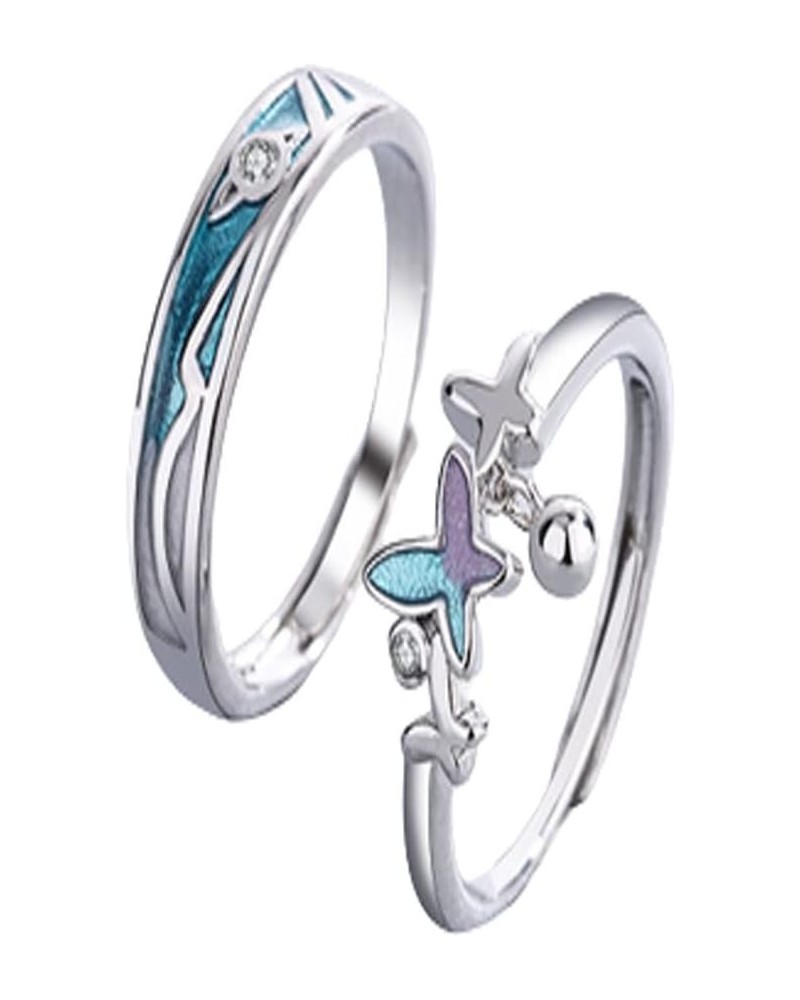 Butterfly and Dolphin Matching Couple Rings Blue imitation Crystal Open Adjustable Rings Anniversary Ring Adjustable Jewelry ...