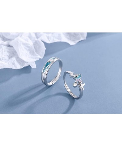 Butterfly and Dolphin Matching Couple Rings Blue imitation Crystal Open Adjustable Rings Anniversary Ring Adjustable Jewelry ...