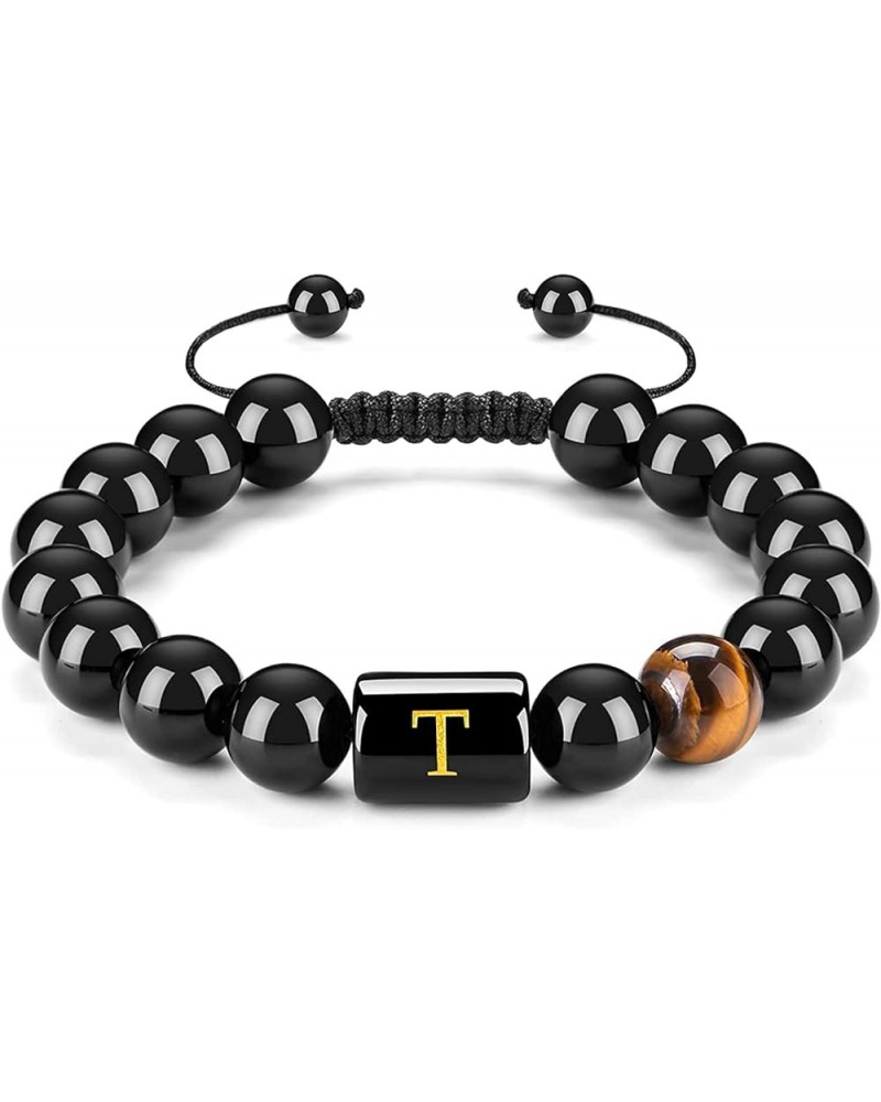 10mm A-Z Initial Letter Natural Black Onyx Tiger Eye Stone Beads Bracelet Stress Relief Adjustable Braided Rope Bracelet for ...