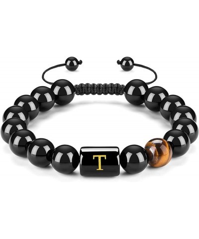 10mm A-Z Initial Letter Natural Black Onyx Tiger Eye Stone Beads Bracelet Stress Relief Adjustable Braided Rope Bracelet for ...