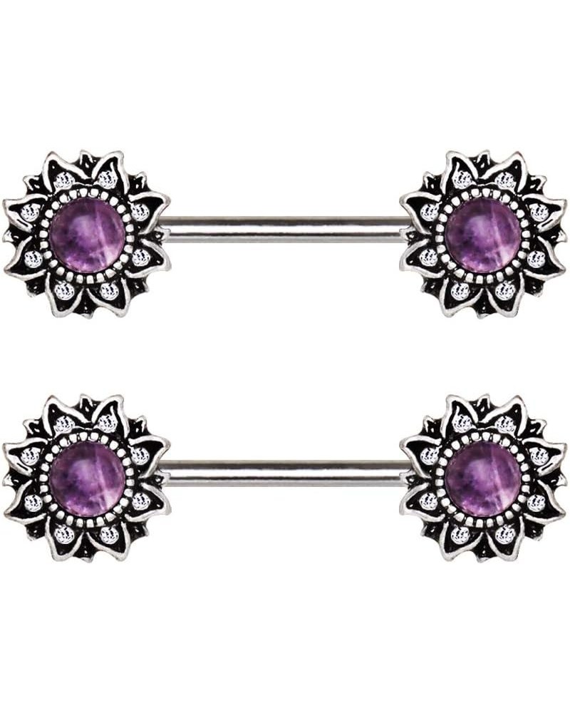 316L Stainless Steel Mystical Sunburst Nipple Bar with Stone Inlay Amethyst $13.33 Body Jewelry