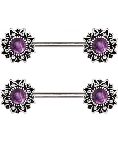 316L Stainless Steel Mystical Sunburst Nipple Bar with Stone Inlay Amethyst $13.33 Body Jewelry