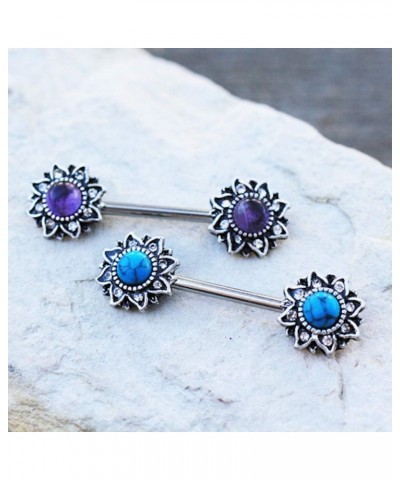 316L Stainless Steel Mystical Sunburst Nipple Bar with Stone Inlay Amethyst $13.33 Body Jewelry