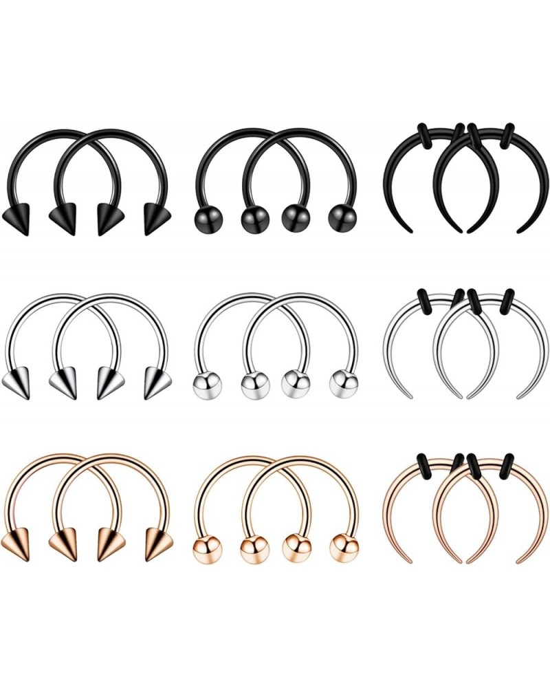 14g 16g Stainless Steel Crescent Pincher Septum Rings C Shape Buffalo Horseshoes Taper Set, 9 Pairs black rosegold silver 16G...