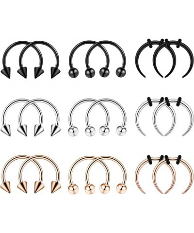 14g 16g Stainless Steel Crescent Pincher Septum Rings C Shape Buffalo Horseshoes Taper Set, 9 Pairs black rosegold silver 16G...