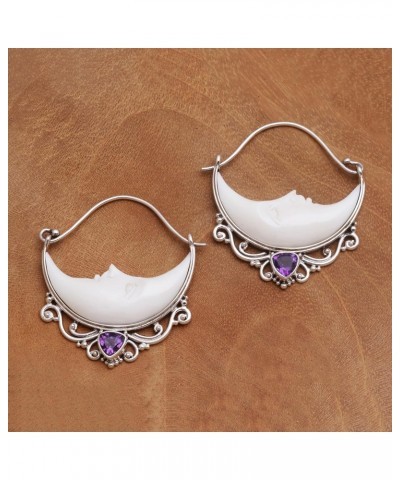 Artisan Handmade Amethyst Hoop Earrings Crescent Moon from Bali Bone .925 Sterling Silver Indonesia Birthstone 'Sleeping Moon...