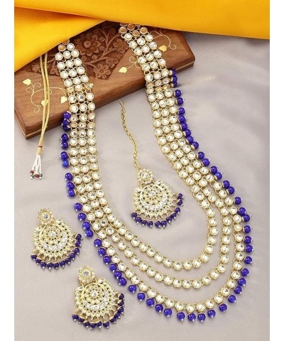 Indian Ethnic Wedding Faux Kundan Beaded Bridal Long Necklace Earrings with Maang Tikka Traditional Jewellery Set for Women B...