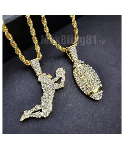 14K Gold Silver Plated Iced Simulated Diamond Football Player & Ball Pendant w/ 4mm 24" Rope Chain Hip Hop Style Fashion Neck...