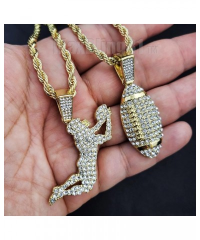 14K Gold Silver Plated Iced Simulated Diamond Football Player & Ball Pendant w/ 4mm 24" Rope Chain Hip Hop Style Fashion Neck...