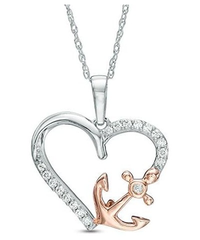 White Natural Diamond Heart Pendant Necklace for women in 925 Sterling Silver and 10K Rose Gold Anchor Heart rose-gold-and-st...