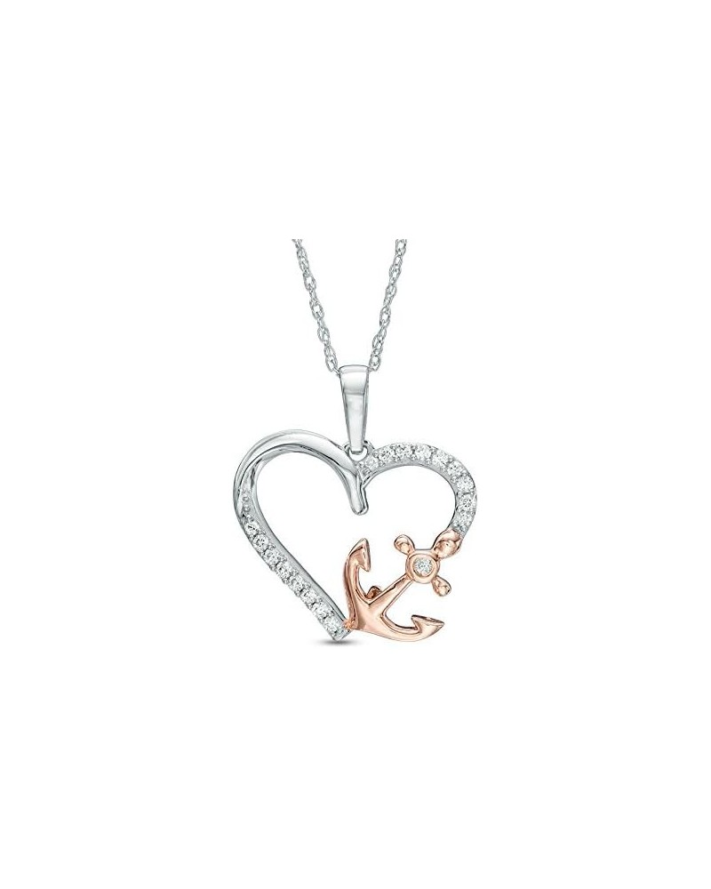 White Natural Diamond Heart Pendant Necklace for women in 925 Sterling Silver and 10K Rose Gold Anchor Heart rose-gold-and-st...