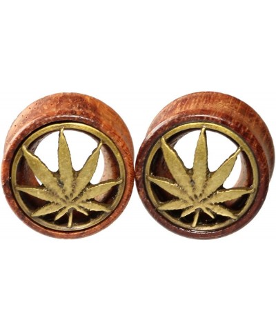 Brass Pot Leaf Marijuana Organic Wood Flesh Tunnels Double Flared Ear Stretcher Saddle Plug 8mm - 20mm 18mm(11/16") $9.10 Bod...