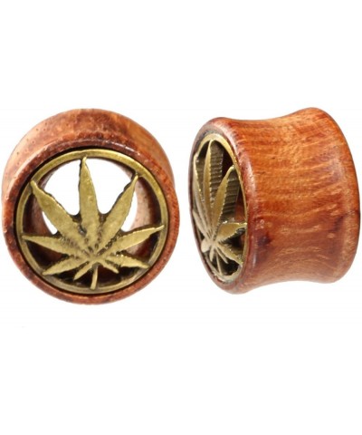 Brass Pot Leaf Marijuana Organic Wood Flesh Tunnels Double Flared Ear Stretcher Saddle Plug 8mm - 20mm 18mm(11/16") $9.10 Bod...