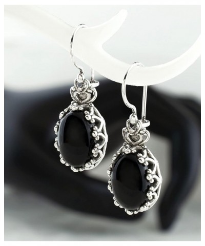 925 Sterling Silver Filigree Art Crown Design Women Oval Drop Earrings with Gemstones Black Onyx $29.99 Earrings