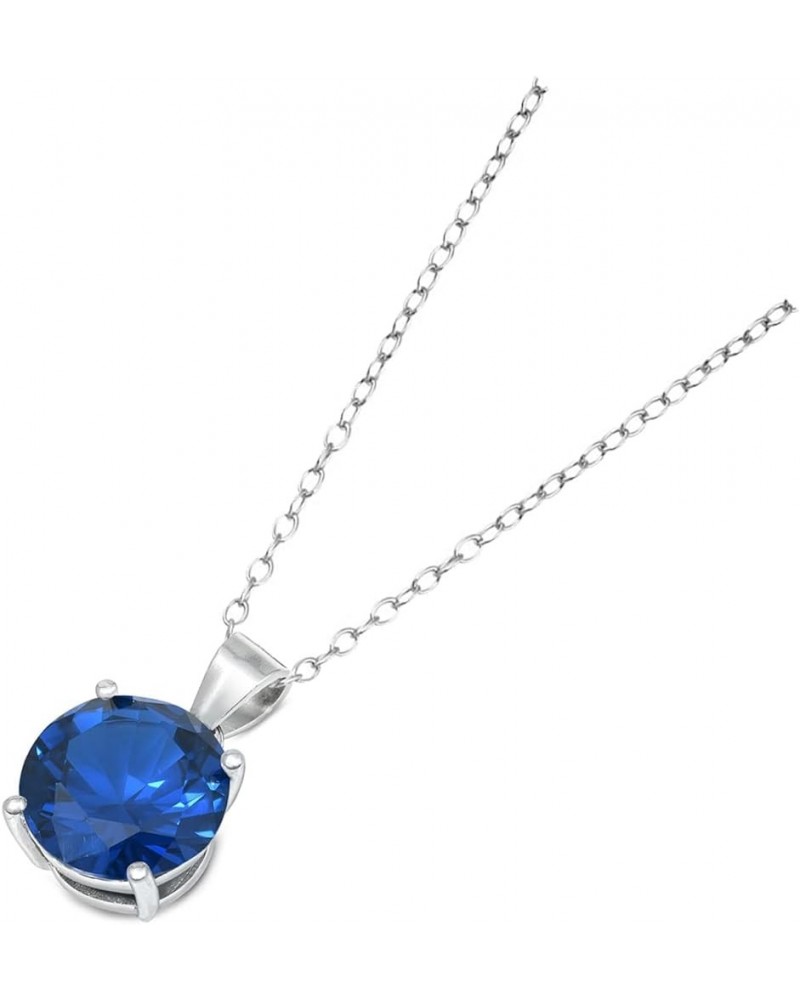 Solitaire Round-Cut Simulated CZ Pendant Necklace 8mm 925 Sterling Silver Adjustable Cable Chain 18" + 2" ext Simulated Blue ...