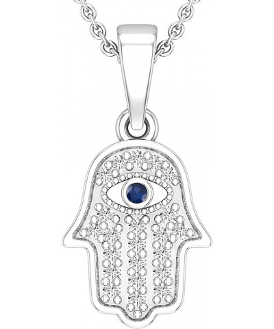 Round Blue Sapphire & 0.09 ctw White Diamond Hamsa Hand Evil Eye Charm Pendant For Her | Available in 10K/14K/18K Gold 14K Wh...