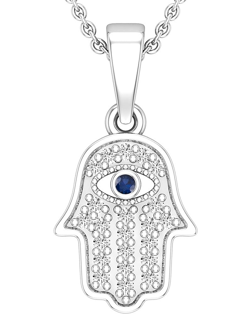 Round Blue Sapphire & 0.09 ctw White Diamond Hamsa Hand Evil Eye Charm Pendant For Her | Available in 10K/14K/18K Gold 14K Wh...