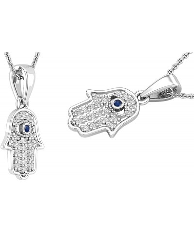 Round Blue Sapphire & 0.09 ctw White Diamond Hamsa Hand Evil Eye Charm Pendant For Her | Available in 10K/14K/18K Gold 14K Wh...