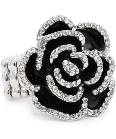 Rhodium Plated with Black Rose Flower Stretch Rings Cocktail Statement Rings for Women Fit for size 7 to 9 (Black) Black $11....