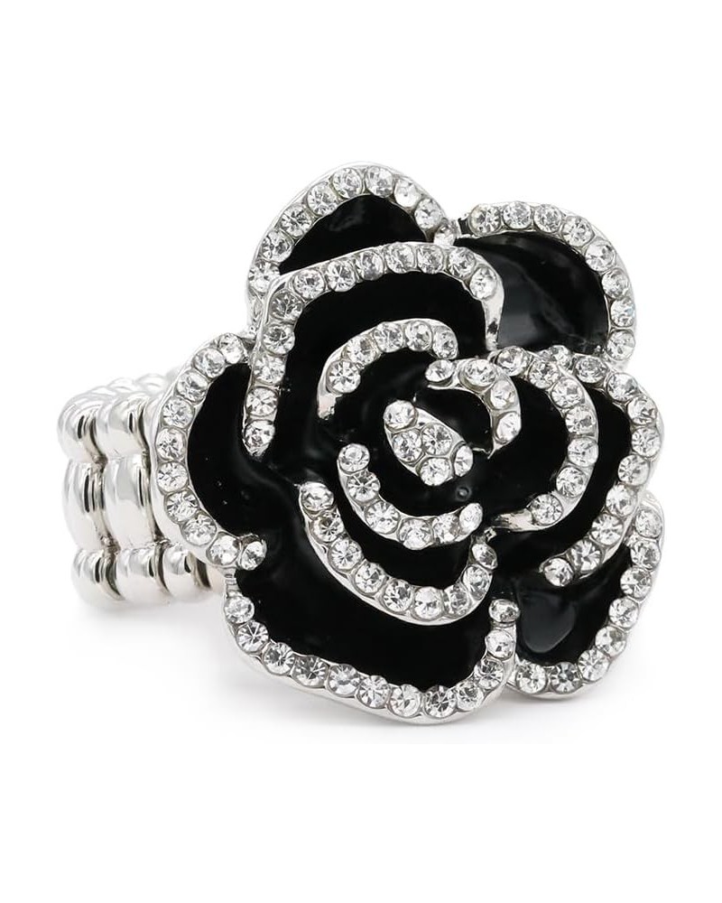 Rhodium Plated with Black Rose Flower Stretch Rings Cocktail Statement Rings for Women Fit for size 7 to 9 (Black) Black $11....