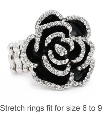 Rhodium Plated with Black Rose Flower Stretch Rings Cocktail Statement Rings for Women Fit for size 7 to 9 (Black) Black $11....