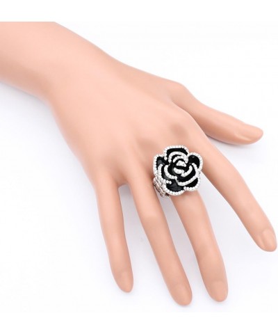 Rhodium Plated with Black Rose Flower Stretch Rings Cocktail Statement Rings for Women Fit for size 7 to 9 (Black) Black $11....