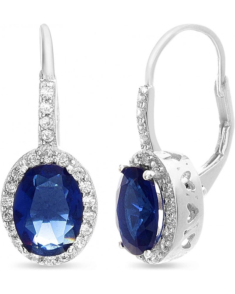 Rhodium Plated Sterling Silver Oval Simulated Gemstone and Cubic Zirconia Bridal Leverback Earring Blue $9.28 Earrings