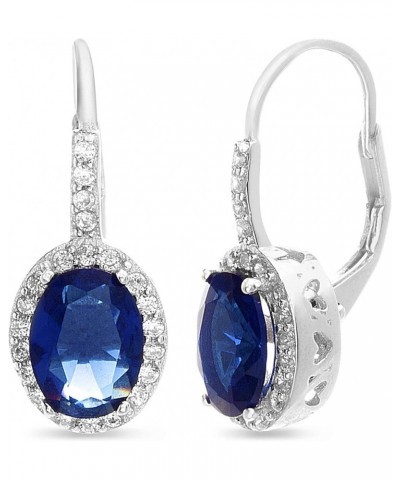 Rhodium Plated Sterling Silver Oval Simulated Gemstone and Cubic Zirconia Bridal Leverback Earring Blue $9.28 Earrings