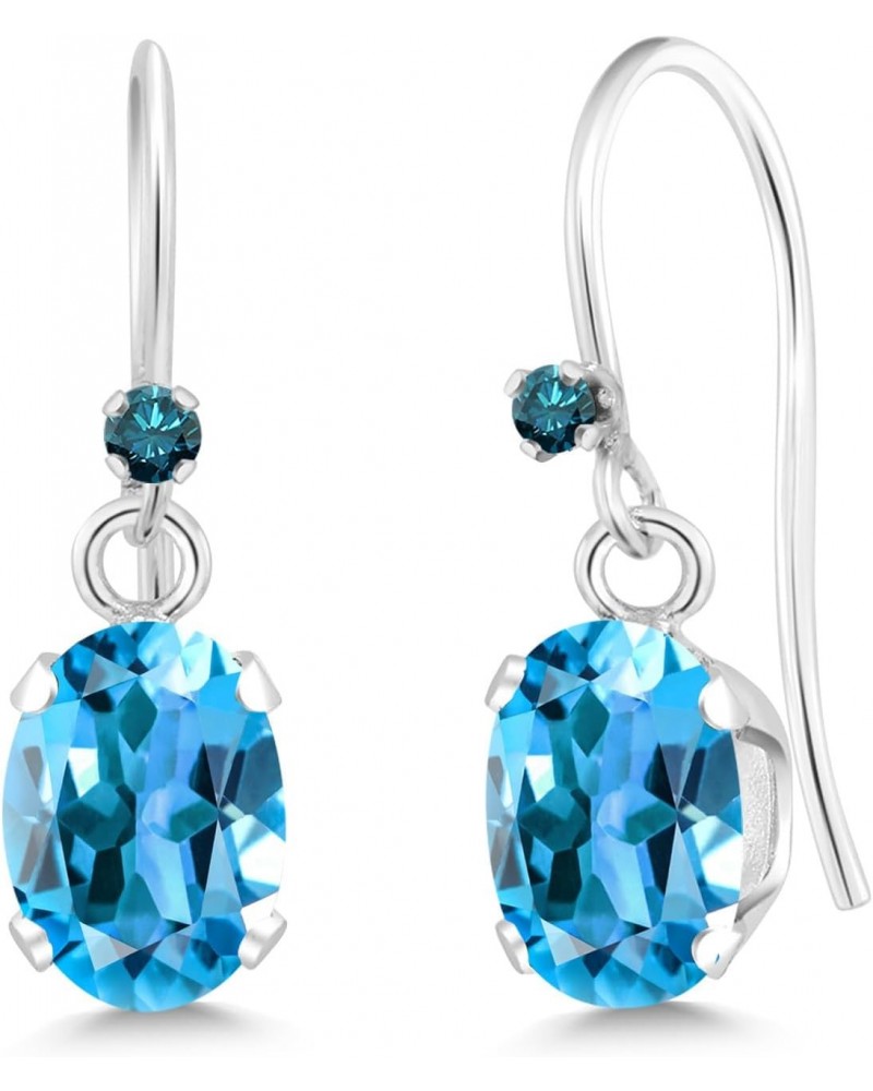 925 Sterling Silver Swiss Blue Topaz and Blue Diamond French Wire Dangle Hook Earrings For Women (1.62 Cttw, Gemstone Novembe...