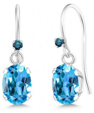 925 Sterling Silver Swiss Blue Topaz and Blue Diamond French Wire Dangle Hook Earrings For Women (1.62 Cttw, Gemstone Novembe...