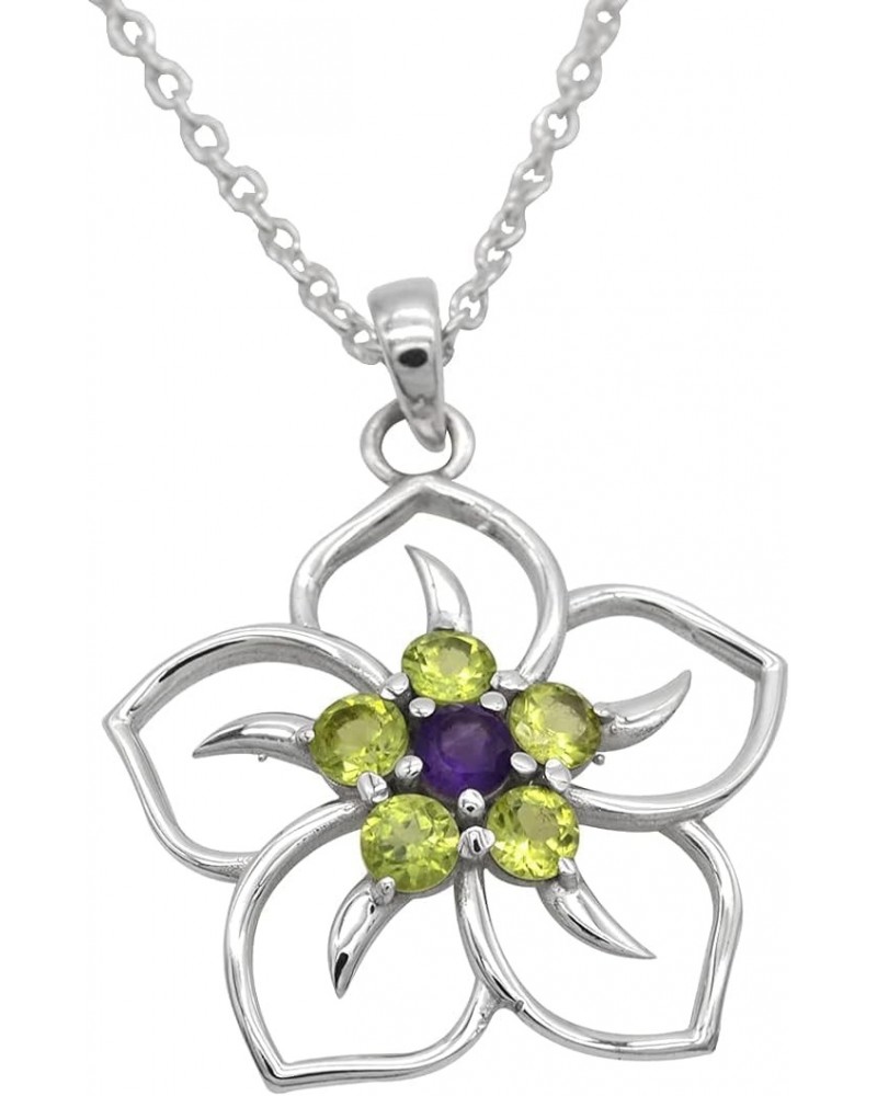 Round Cut Peridot & Amethyst Flower Design Pendant Necklace Solid 925 Sterling Silver Gemstone Pendant with Chain Jewelry For...