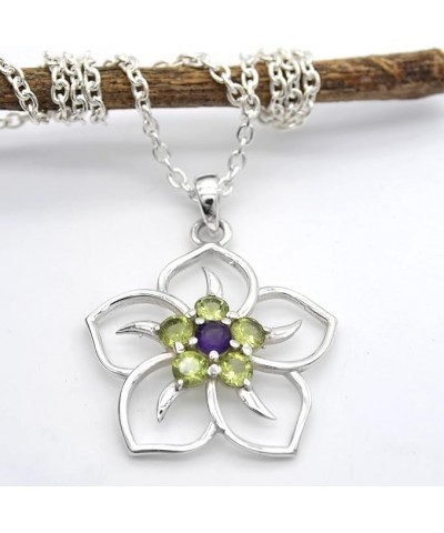 Round Cut Peridot & Amethyst Flower Design Pendant Necklace Solid 925 Sterling Silver Gemstone Pendant with Chain Jewelry For...