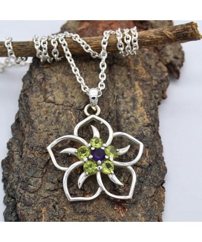 Round Cut Peridot & Amethyst Flower Design Pendant Necklace Solid 925 Sterling Silver Gemstone Pendant with Chain Jewelry For...