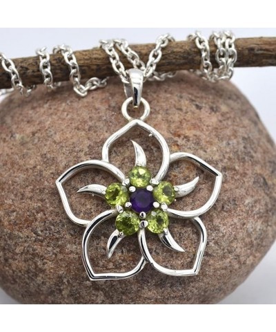 Round Cut Peridot & Amethyst Flower Design Pendant Necklace Solid 925 Sterling Silver Gemstone Pendant with Chain Jewelry For...