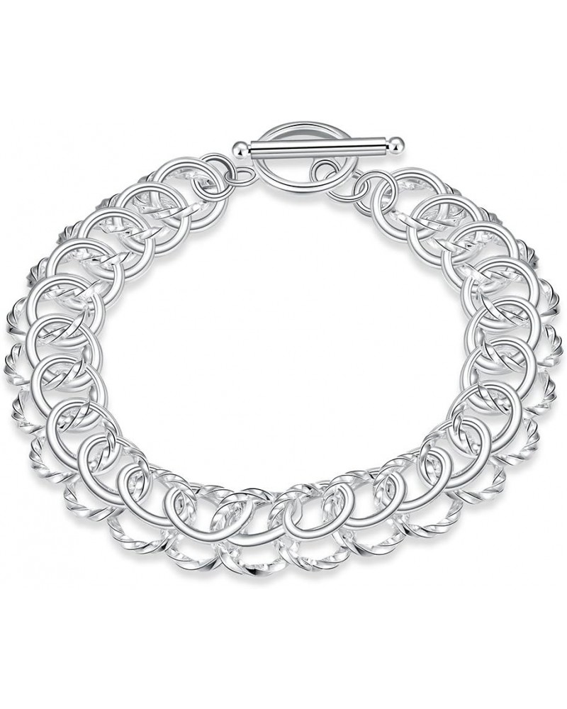 Fashion Sterling Silver 2 Layers Twisted Link Chain Bracelet with Diamond Cut Hight Polish Loops,Toggle Button 8" Gift for Wo...