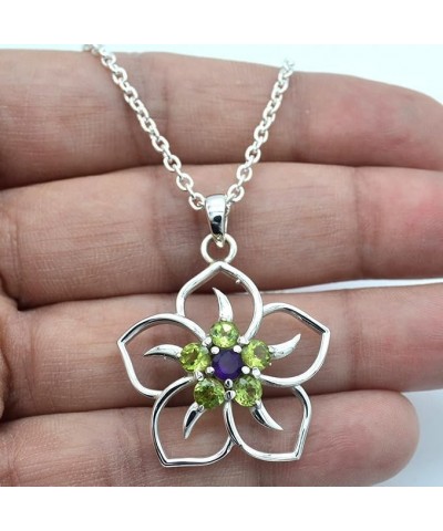 Round Cut Peridot & Amethyst Flower Design Pendant Necklace Solid 925 Sterling Silver Gemstone Pendant with Chain Jewelry For...