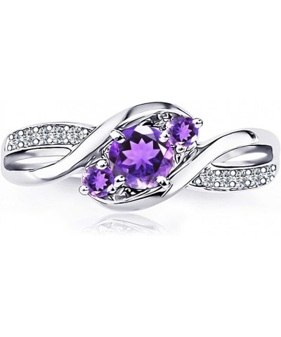 Three-Stone Natural Amethyst Gems Engagement Ring for Women 0.5 Carats 5 mm Diameter Solid Sterling Silver 925, Rhodium-Plati...