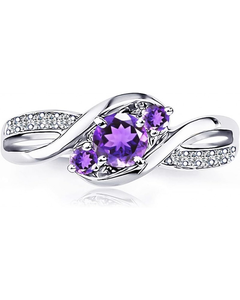 Three-Stone Natural Amethyst Gems Engagement Ring for Women 0.5 Carats 5 mm Diameter Solid Sterling Silver 925, Rhodium-Plati...