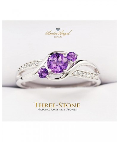 Three-Stone Natural Amethyst Gems Engagement Ring for Women 0.5 Carats 5 mm Diameter Solid Sterling Silver 925, Rhodium-Plati...