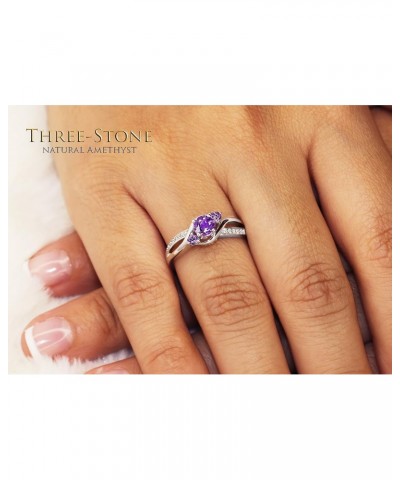 Three-Stone Natural Amethyst Gems Engagement Ring for Women 0.5 Carats 5 mm Diameter Solid Sterling Silver 925, Rhodium-Plati...