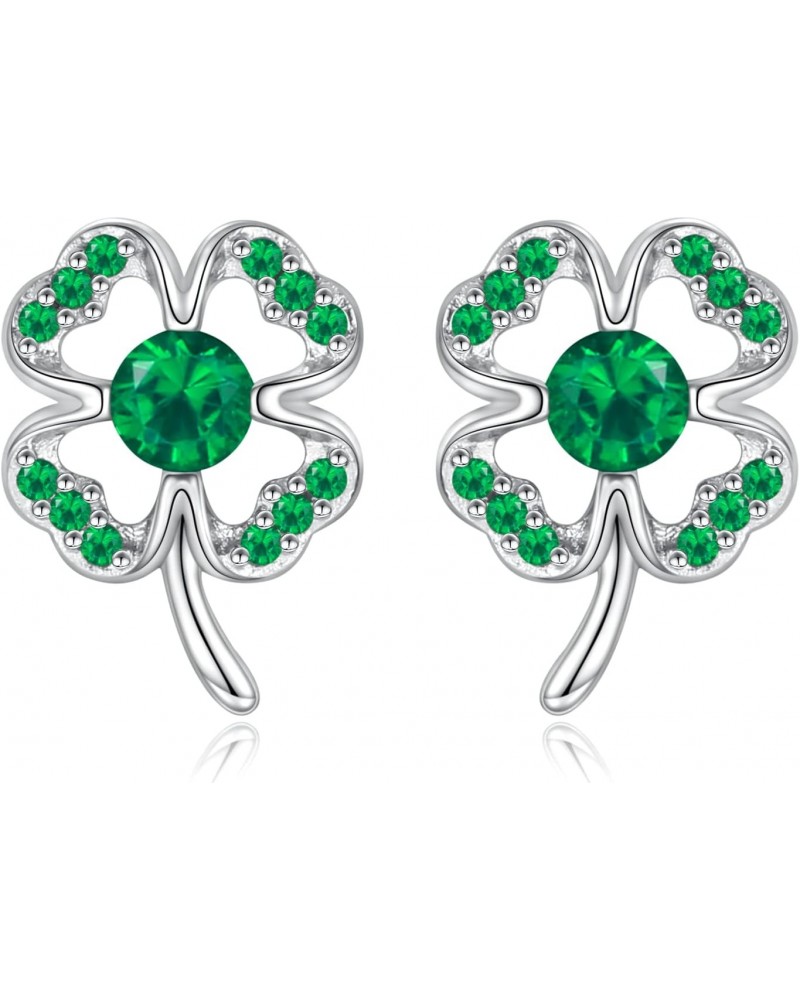 Four Leaf Clover Earrings Sterling Silver Shamrock Earring with Green Cubic Zirconia Irish Jewelry St.Patrick's Day Lucky Gif...