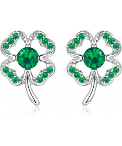 Four Leaf Clover Earrings Sterling Silver Shamrock Earring with Green Cubic Zirconia Irish Jewelry St.Patrick's Day Lucky Gif...