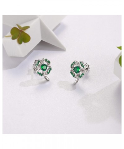 Four Leaf Clover Earrings Sterling Silver Shamrock Earring with Green Cubic Zirconia Irish Jewelry St.Patrick's Day Lucky Gif...