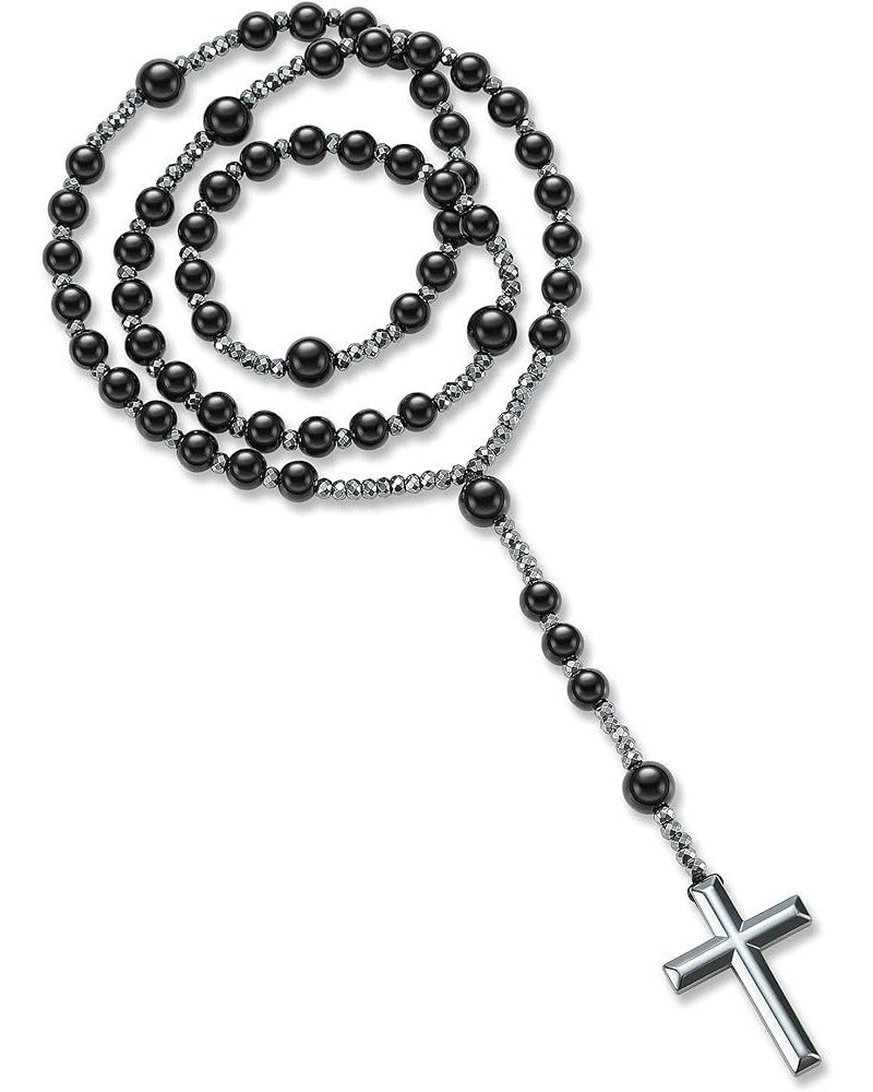 Jesus Crucifix Rosary Beads Necklace for Men Women Hematite and Matte Black Agate Cross Necklace Black $10.63 Necklaces