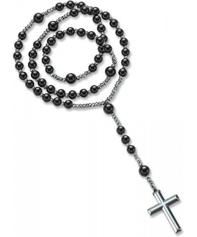 Jesus Crucifix Rosary Beads Necklace for Men Women Hematite and Matte Black Agate Cross Necklace Black $10.63 Necklaces