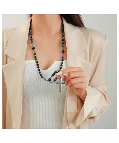 Jesus Crucifix Rosary Beads Necklace for Men Women Hematite and Matte Black Agate Cross Necklace Black $10.63 Necklaces